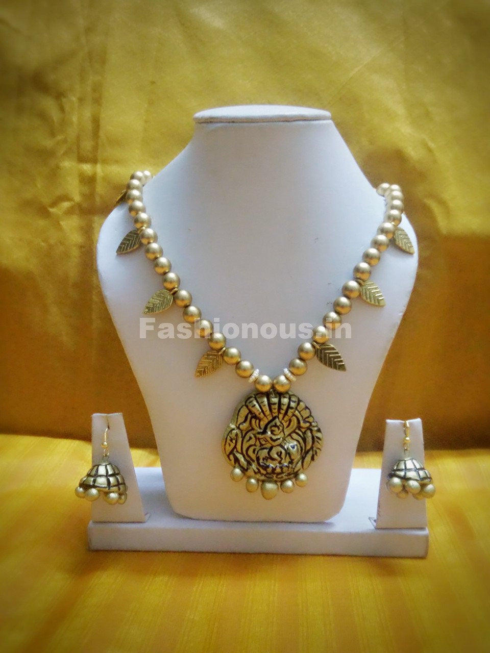 Antique Krishna Pendant with Golden Beaded with Leaf Polymer Clay Jewellery Set  