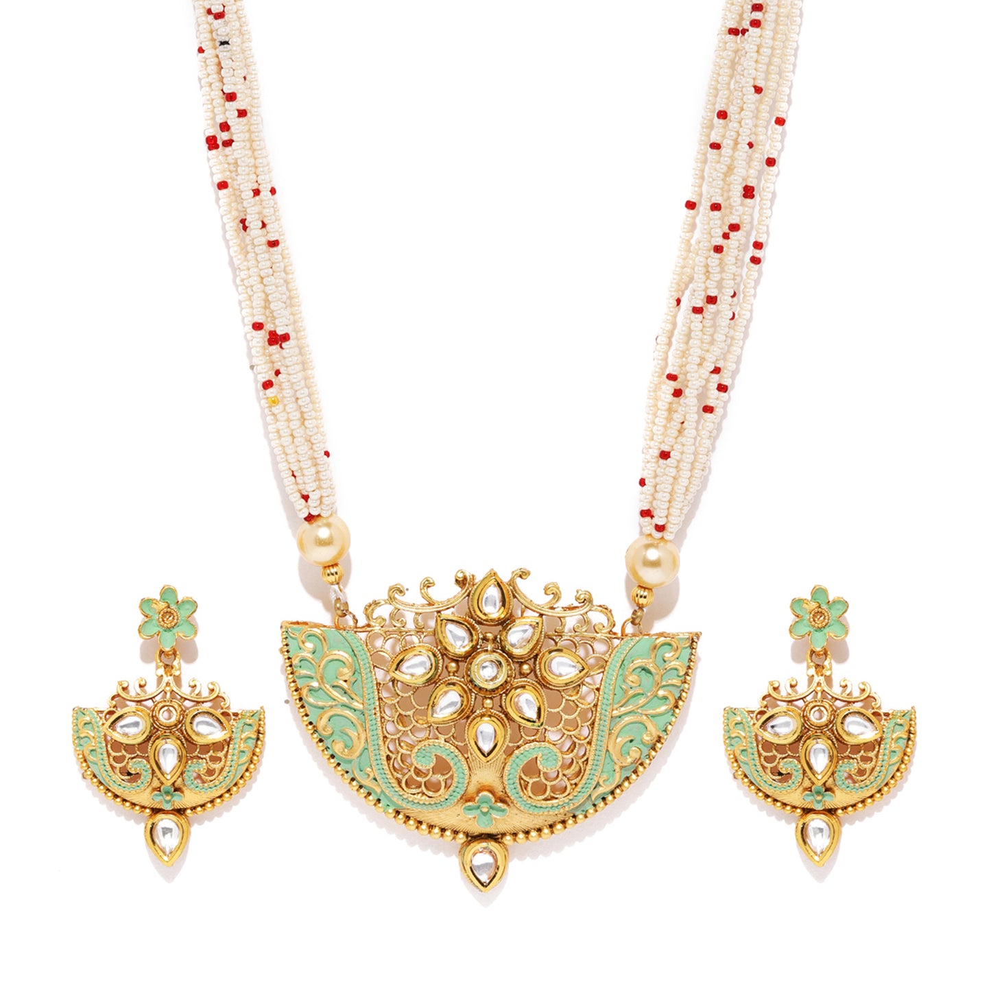 Red Bead Kundan Necklace Set