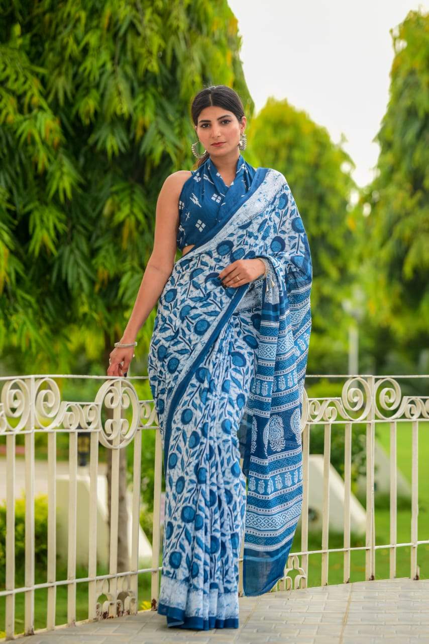 Buy Soft Indigo Cotton Saree with zari Border with Kalalmkari Blouse at  Amazon.in