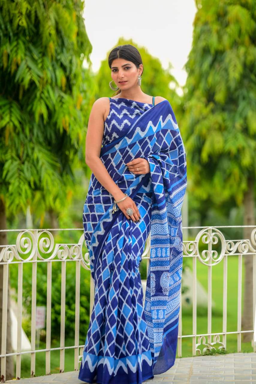 indigo white handblock mulmul cotton saree