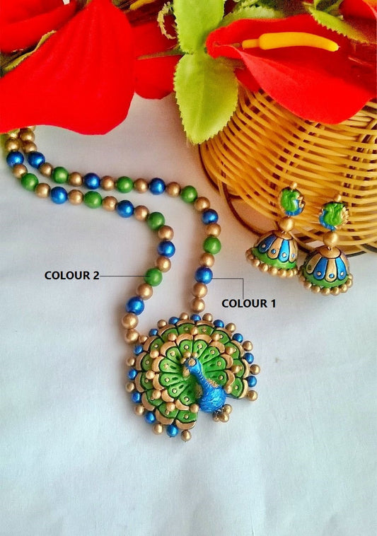 Blue & Green Dancing Peacock Terracotta Jewellery Set