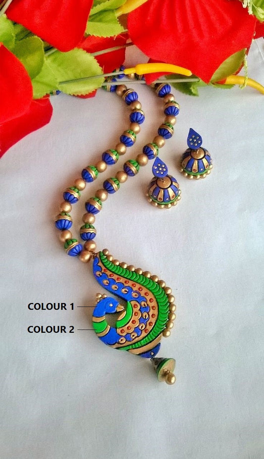 Blue & Green Peacock Terracotta Jewellery Set