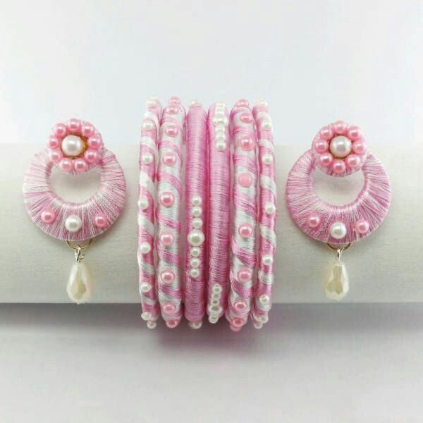 Baby Pink Color Silk Thread Stud Sets with Bangles
