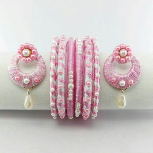 Baby Pink Color Silk Thread Stud Sets with Bangles