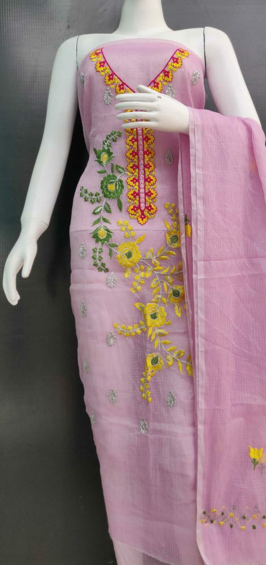 Baby Pink Floral Embroidered Kota Dress Material