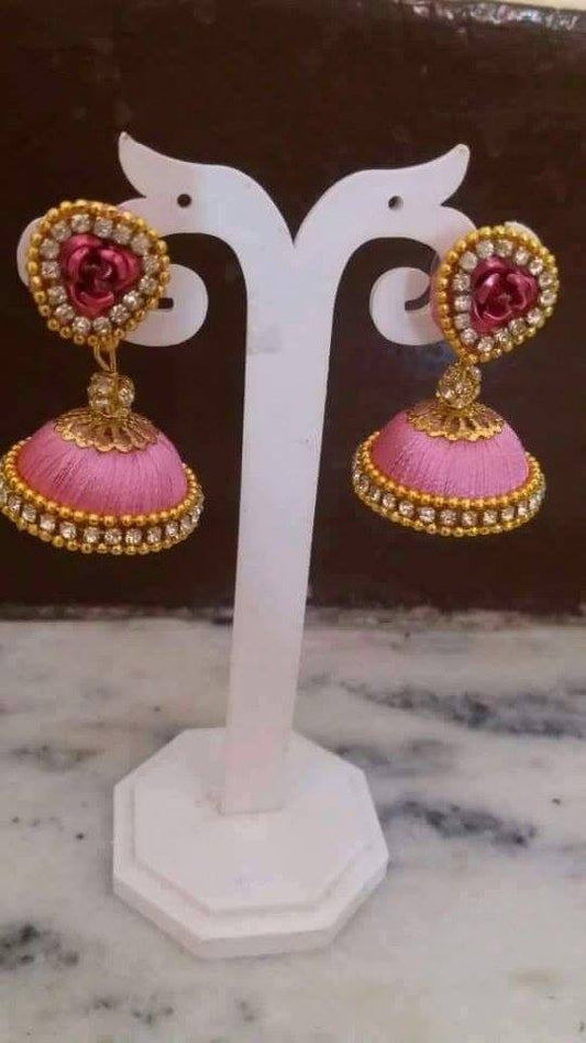 Baby Pink Rose Silk Thread Jhumkas
