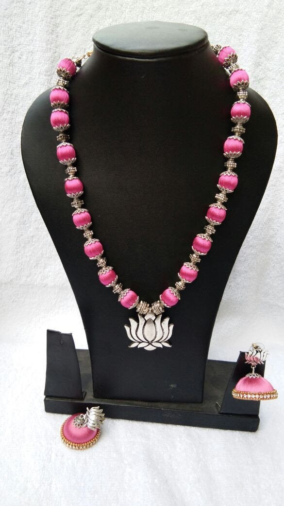 Baby Pink Silk Balls with Lotus Pendant Silk Thread Jewellery Set-STJS-028