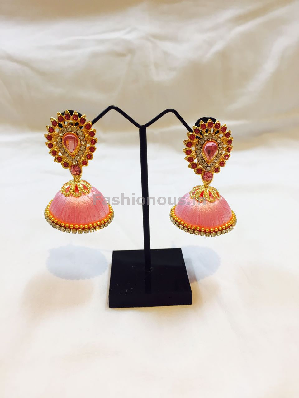 Baby Pink Stone Studded Droplet Silk Thread Jhumkas-STJH-025