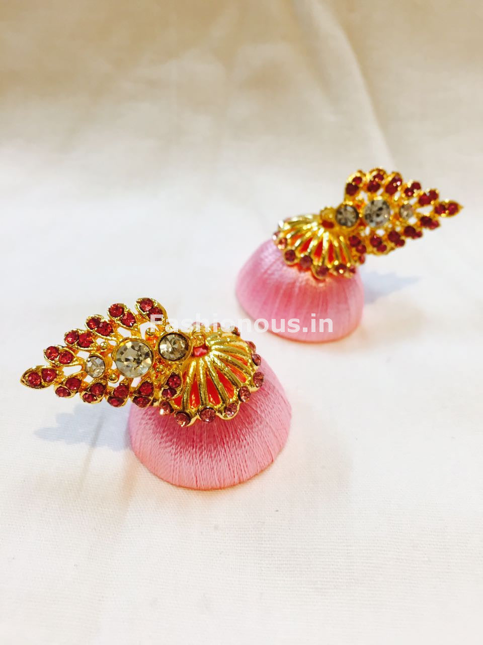 Baby Pink Stone Studded Leaf Silk Thread Jhumkas-STJH-026