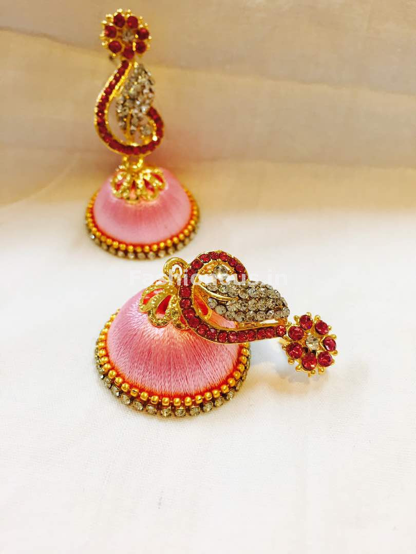 Baby Pink and White Stone Studded Peacock Neck Floral Silk Thread Jhumkas-STJH-039