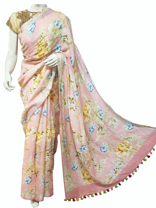 Baby Pink with Floral Printed Linen Saree