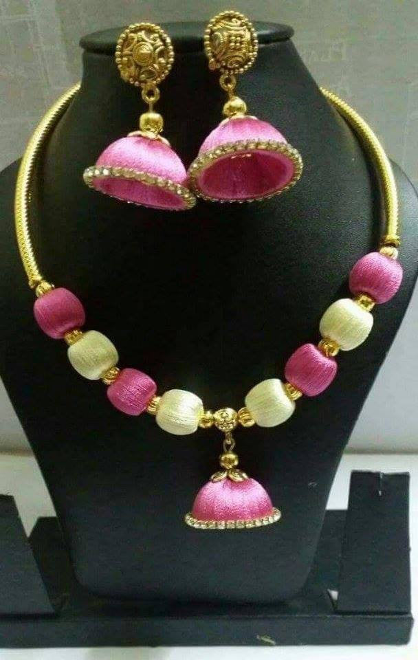 Baby pink and white Silk Thread Jewellery Set
