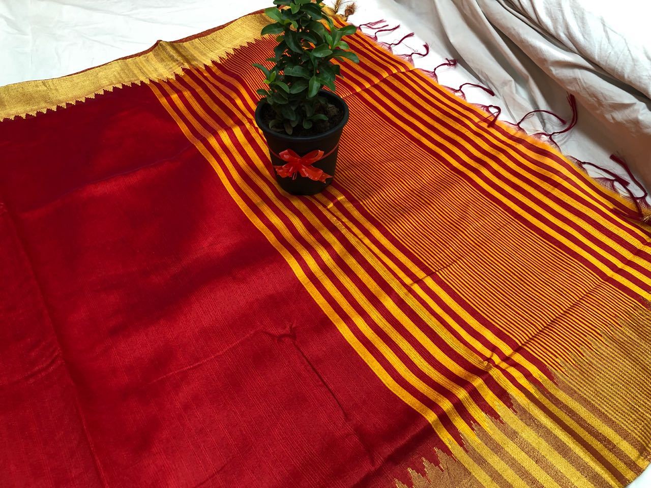 Blooming Scarlet Banarasi Raw Silk Saree-BNS033 red and yellow coloured casual wear saree