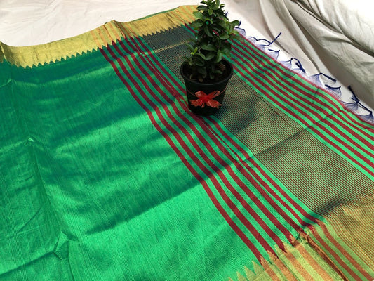 April Spring Banarasi Raw Silk Saree-BNS035 green and cream coloured lightweight silk saree