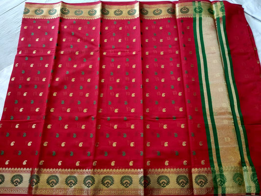 Banarasi Silk Cotton Saree-SKCSRE001 red and green coloured dailywear saree