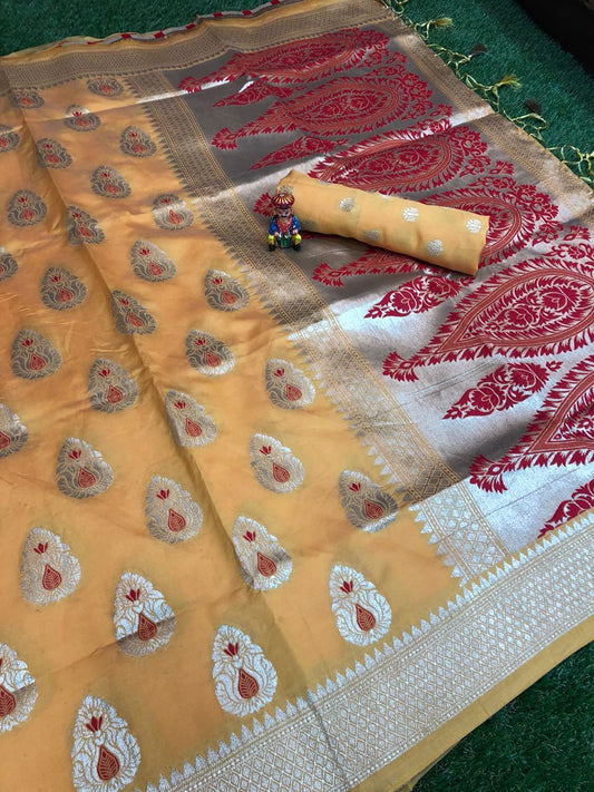 Tuscan Sun Banarasi Silk Saree -BNS044 light yellow and maroon coloured daily use saree