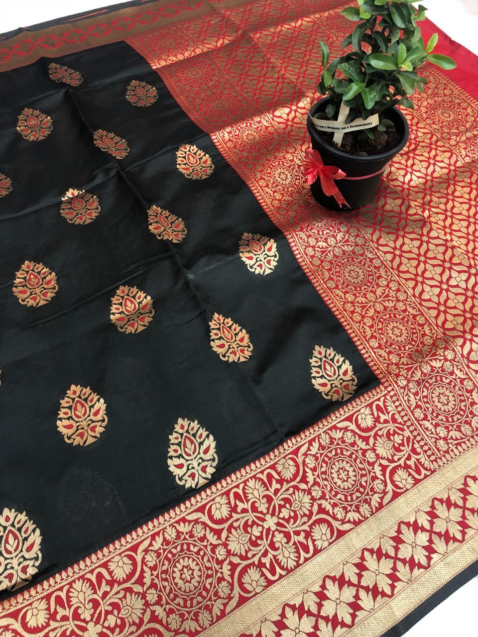 Ebony and Red Banarasi Silk Saree-BNS050 black coloured silk saree with red colour