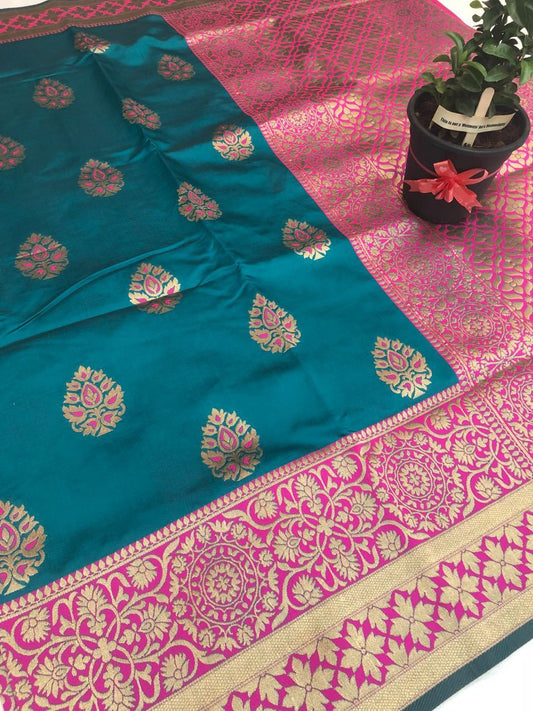 Trendy Turquoise with Pink Banarasi Silk Saree -BNS053 blue-green and pink coloured simple saree