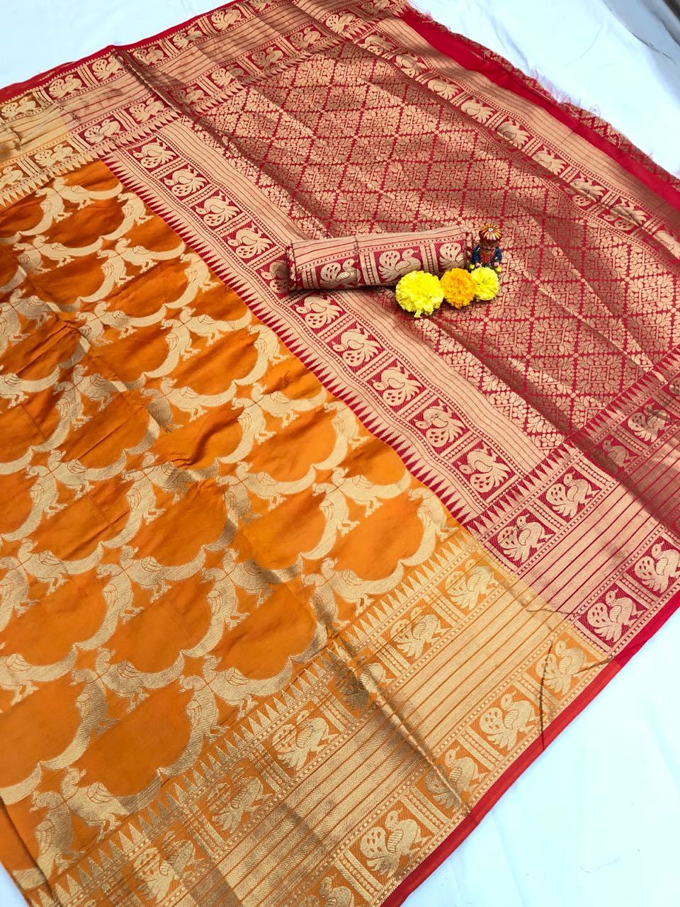 Sunglow Banarasi Silk Saree -BNS062 dark yellow and maroon coloured grand saree 