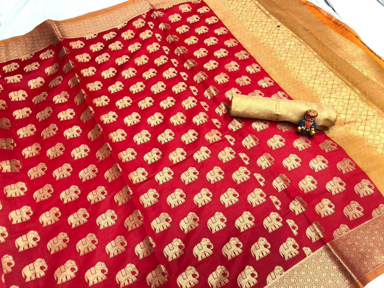 Ruby Red – Ochre Banarasi Elephant Print Saree -BNS065 red coloured saree with golden work partywear