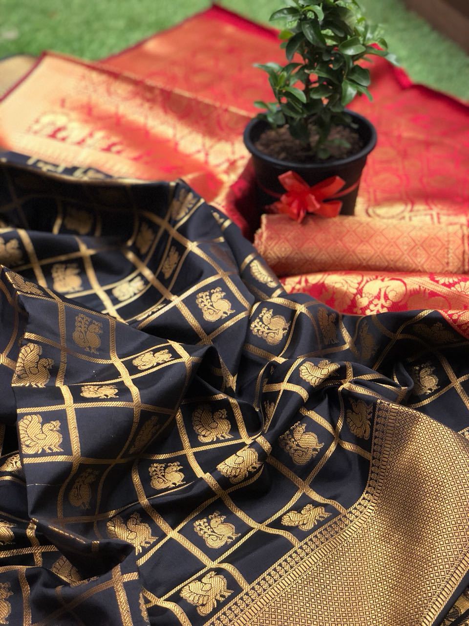 Royal Look – Black and Red Banarasi Silk Saree -BNS068 red and black coloured traditional saree