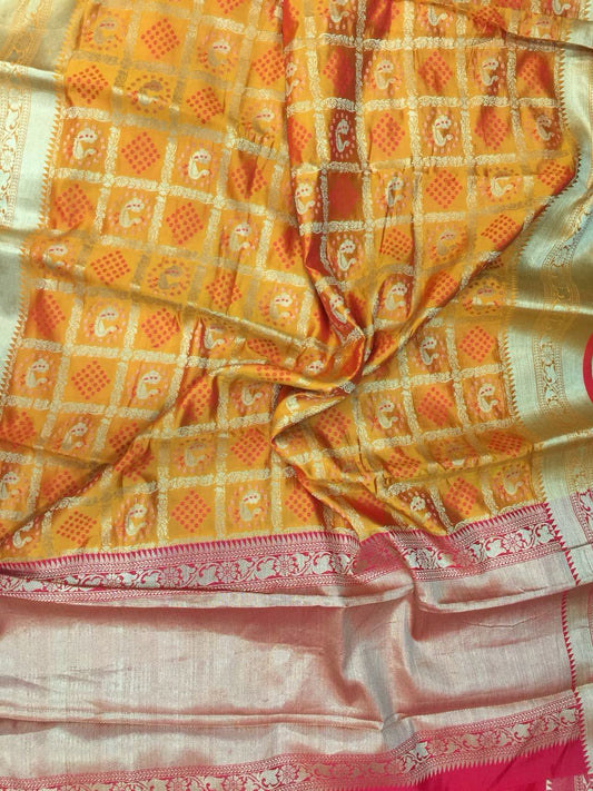 Sunset Sepia Patola Banarasi Silk Saree BNS018 dark yellow and red coloured saree with full work