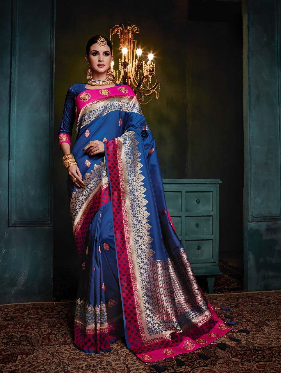 Azure Magnifica Banarasi Silk Saree-Design BNS021 dark blue and magenta coloured traditional saree