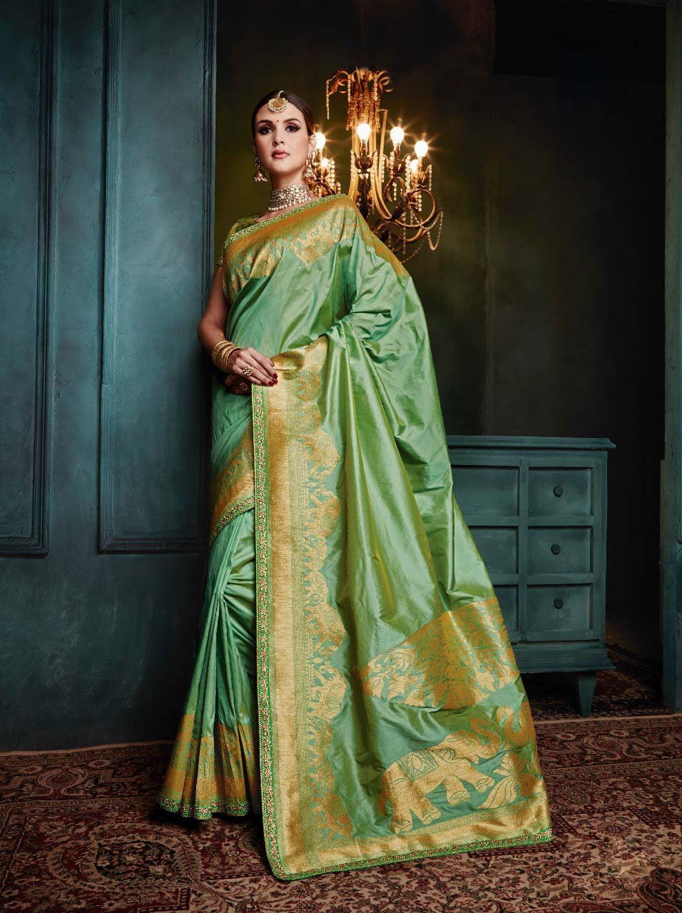 Faded Fern Banarasi Silk Saree -BNS022 light green coloured partywear traditional saree 