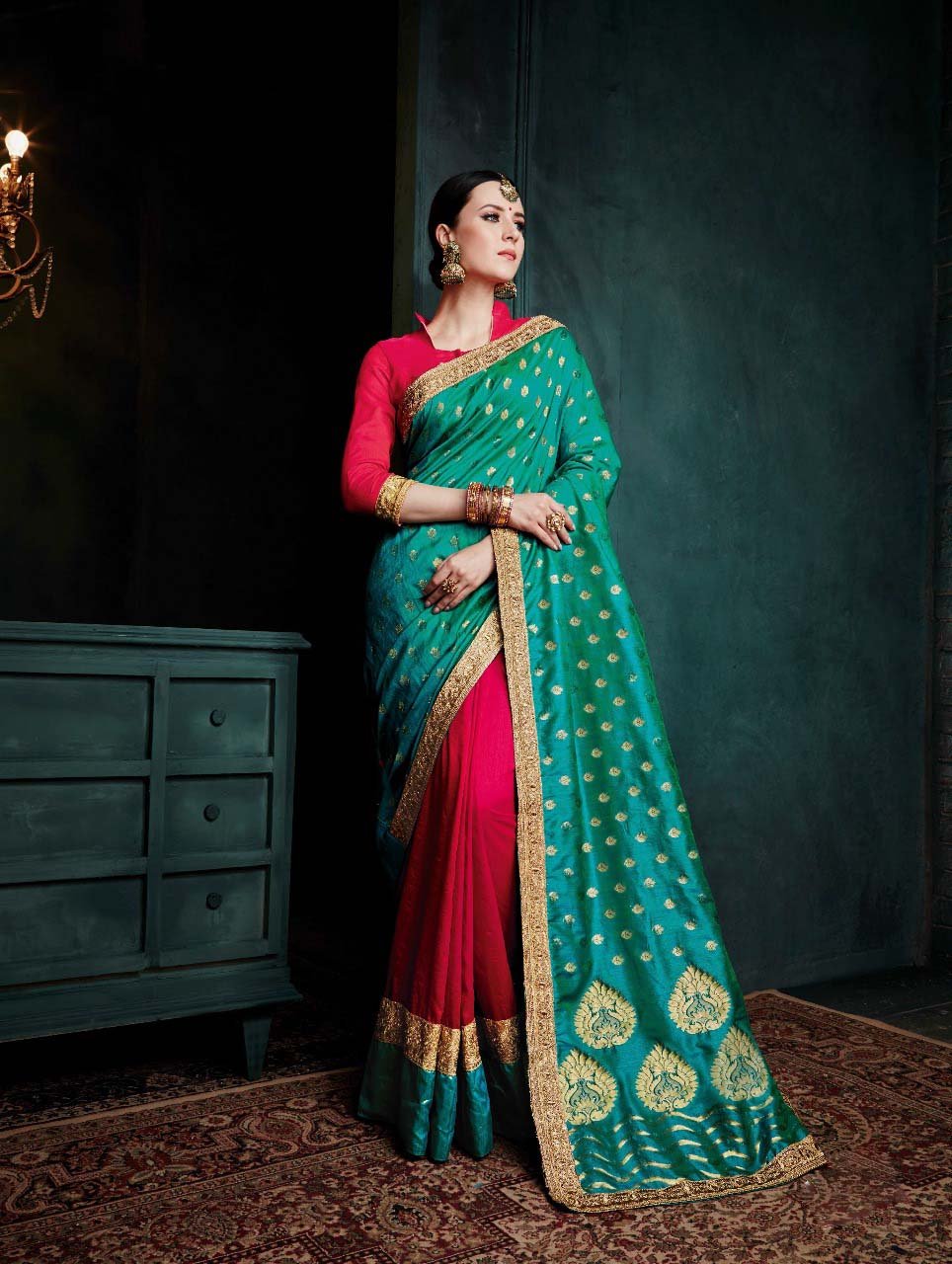 Carribean Sunset Banarasi Silk Saree-Design BNS023 turquoise and red coloured heavy silk saree