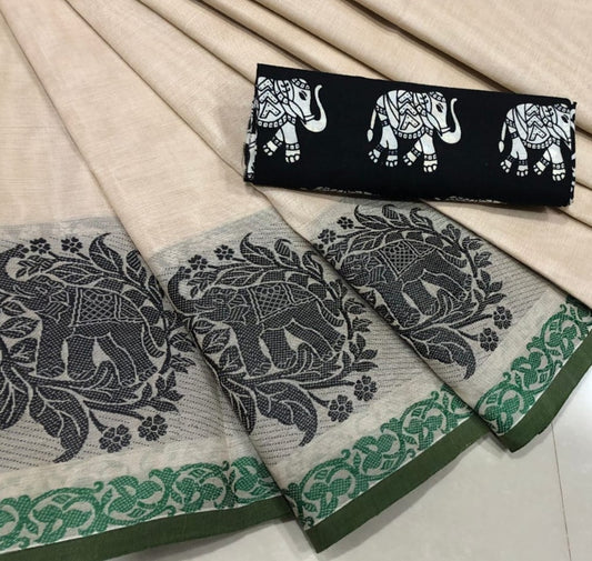 Beige Cotton Saree with Elephant Motif Border