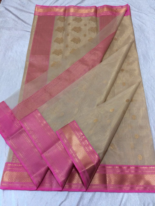 Beige with Floral Designed Pink Zari Border Chanderi Silk Saree-CHANSRE-093