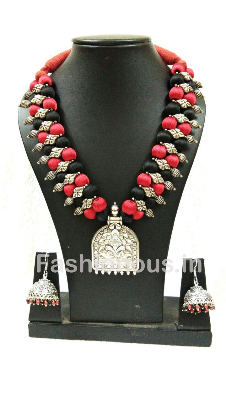 Black And Red Silk Thread Beads With Silver Oxidized Pendant And Earrings-OXDJSW-016