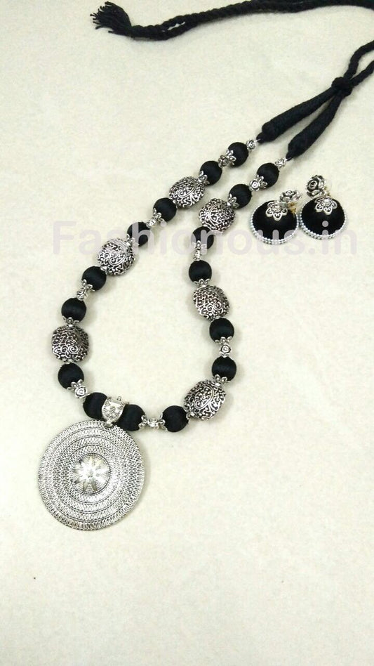 Black Silver Oxidized Necklace And Earrings-OXDJSW-023