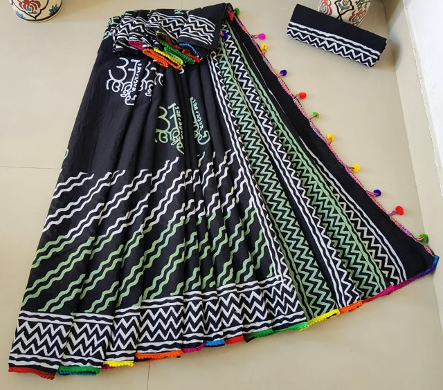 Black Cotton Saree with Multicoloured Pom-Pom Border-TCS032