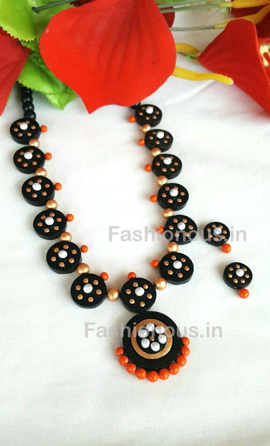 Black Floral Round Button Terracotta Jewellery Set-TJS-069