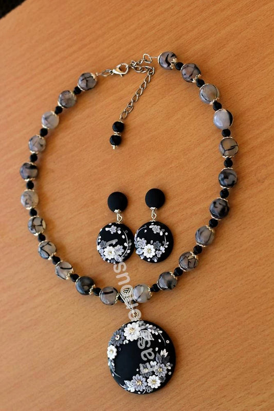 Black Gray Floral Pendant with Semi Precious Beads and Earrings-ZAPCNS-048