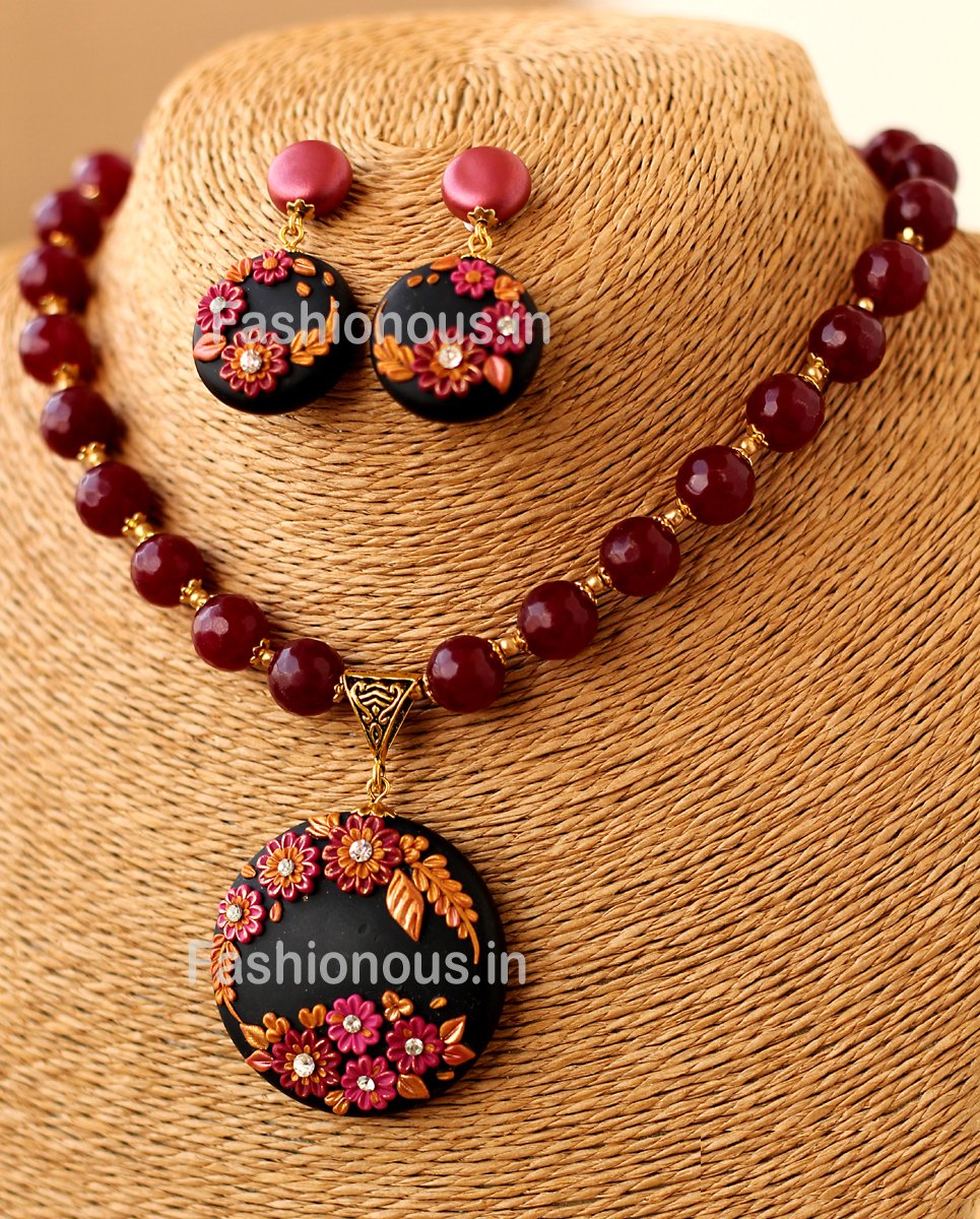 Black Maroon Floral Pendant with Semi Precious Beads and Earrings-ZAPCNS-047