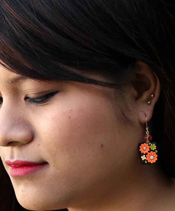 Black Orange Floral Squared Polymer Clay Earrings-ZAPCJH-039