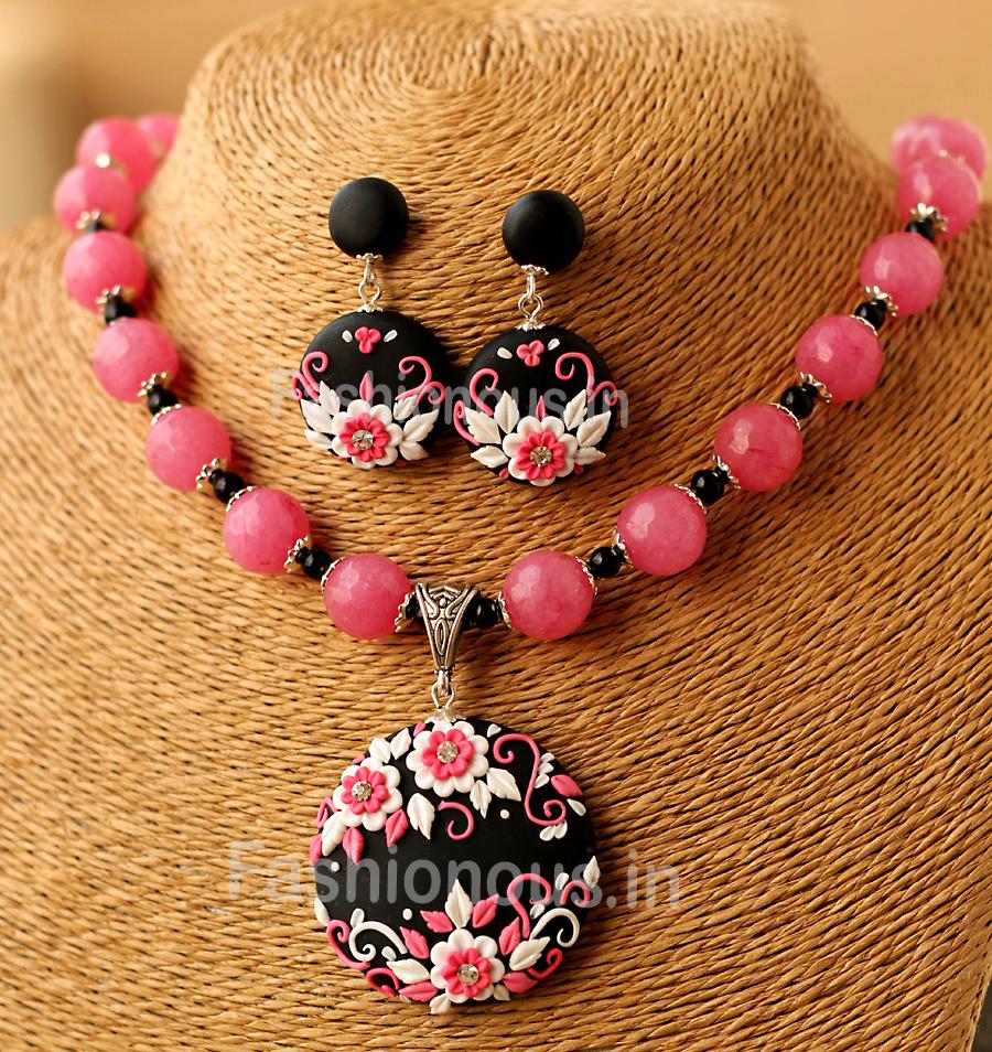 Black Pink Floral Pendant with Semi Precious Beads and Earrings-ZAPCNS-046