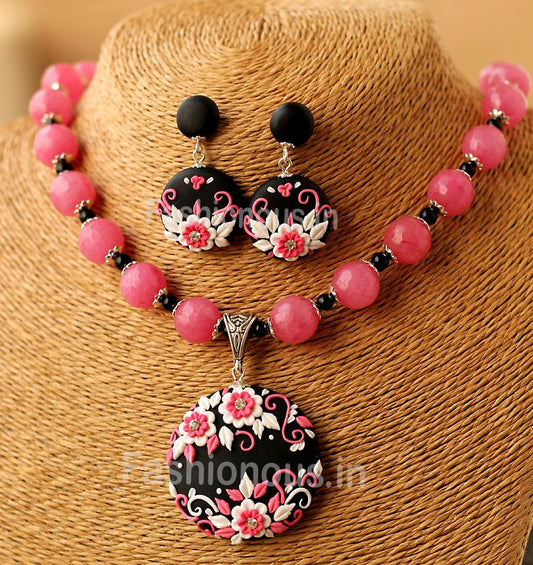 Black Pink Floral Pendant with Semi Precious Beads and Earrings-ZAPCNS-046