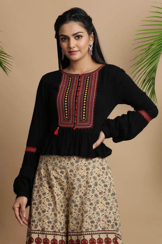 Black Rayon Crepe Embroidered Peplum Crop-Top