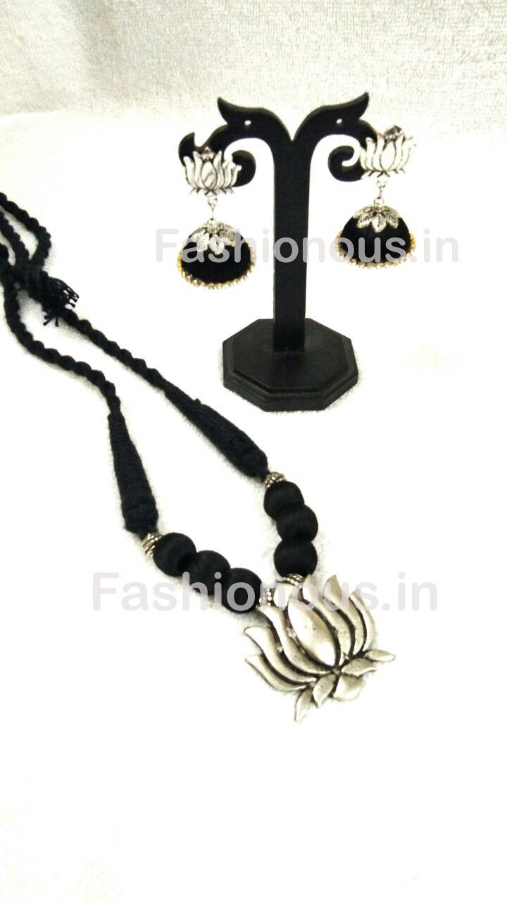 Black Silk Balls with Lotus Pendant Silk Thread Jewellery Set-STJSW-014