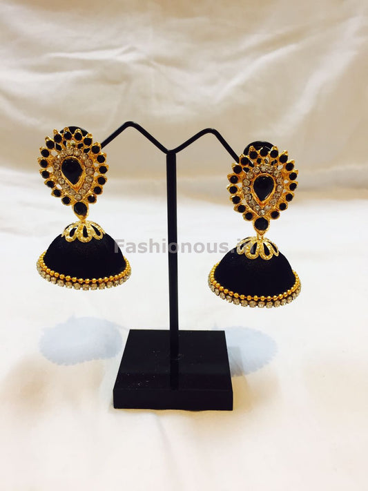 Black Stone Studded Droplet Silk Thread Jhumkas-STJH-021