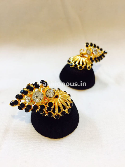 Black Stone Studded Leaf Silk Thread Jhumkas-STJH-031