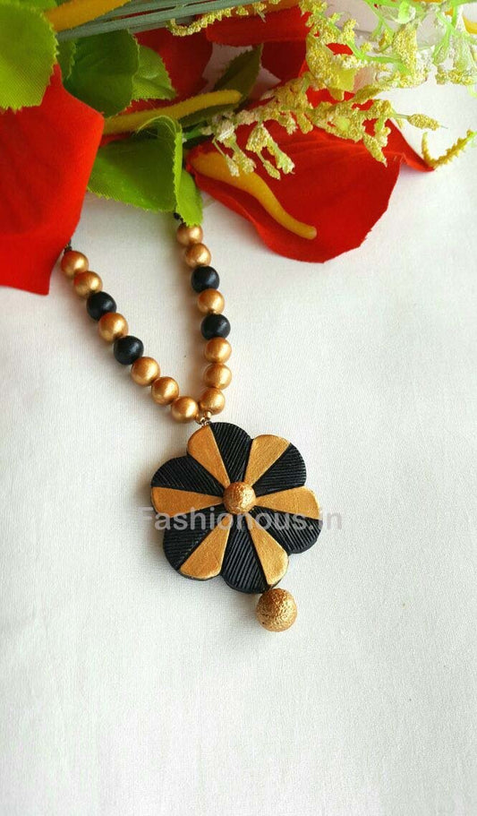 Black and Golden Floral Terracotta Necklace-TJS-035