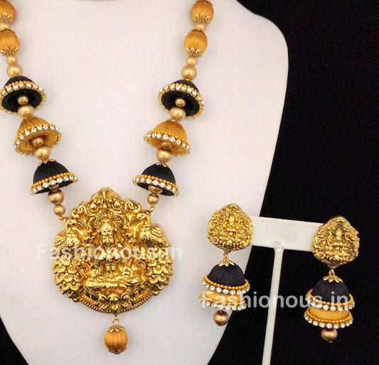 Black and Golden Silk Balls and Jhumka with Laxshmi Antique Pendant Silk Thread Jewellery Set-STJS-044