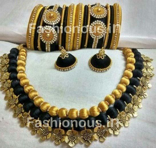 Black and Golden Silk Balls with Floral String Silk Thread Jewellery Set-STJS-054