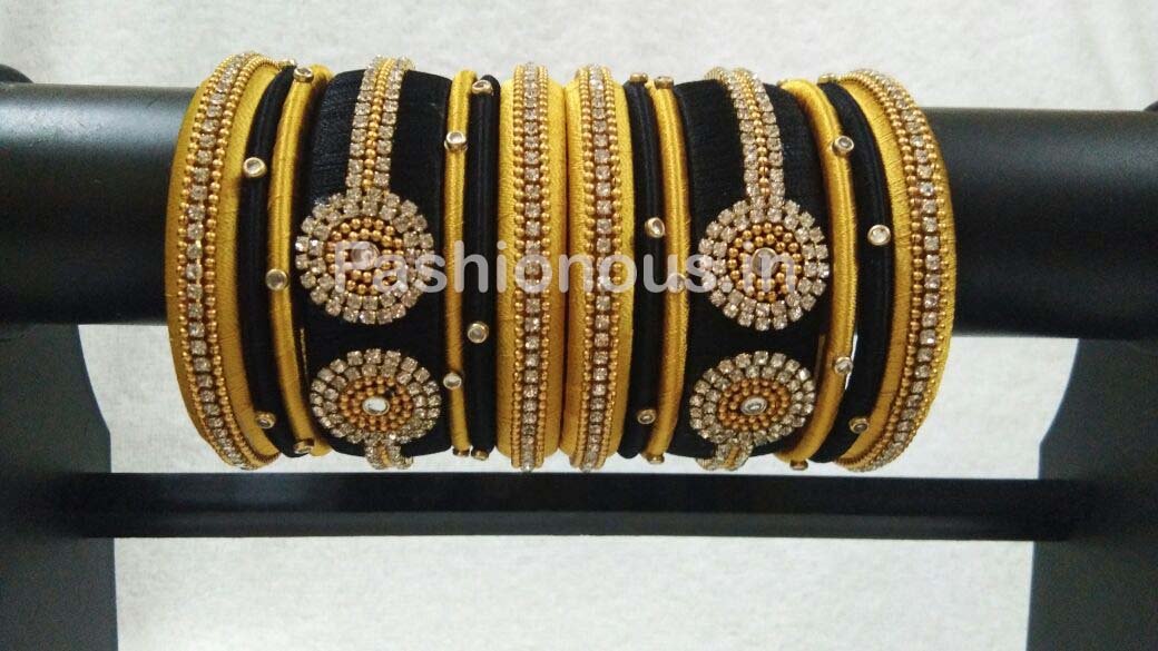 Black and Golden Silk Thread Bangle Set-STJSW-114
