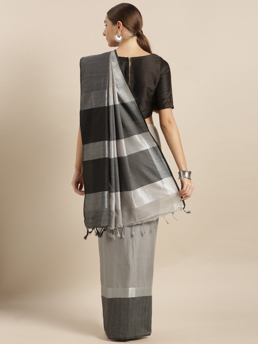 Black and Grey Attractive Big Border Angolla Linen Saree (Blend)