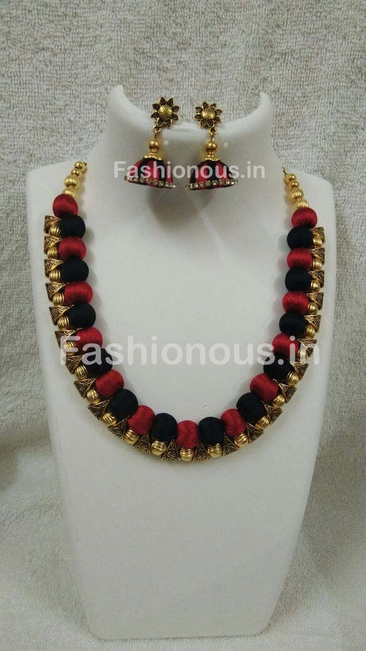 Black and Maroon Silk Thread Jewellery Set-STJSW-086